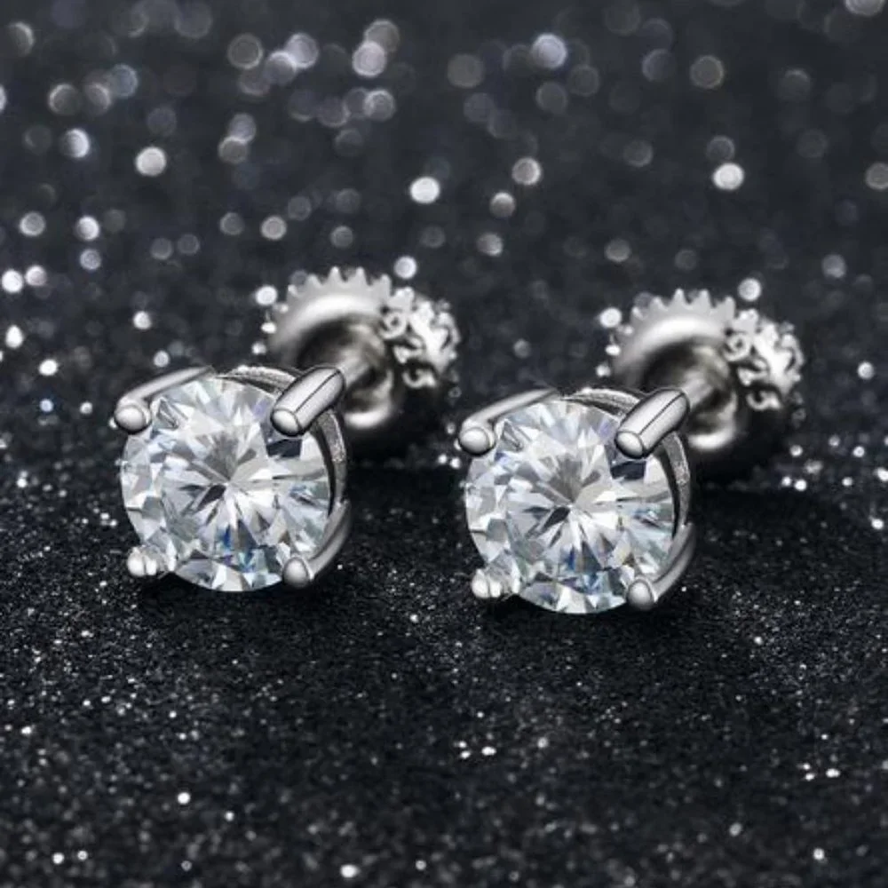 Certified 2ct. t.w. Moissanite Diamond Mens Round Stud Earrings NEW